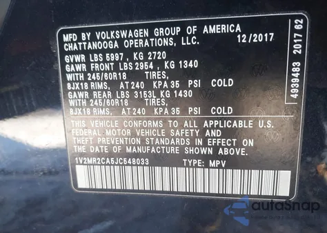 2018 Volkswagen Atlas 3.6L V6 Sel из США, поврежденный, VIN 1V2MR2CA5JC548033